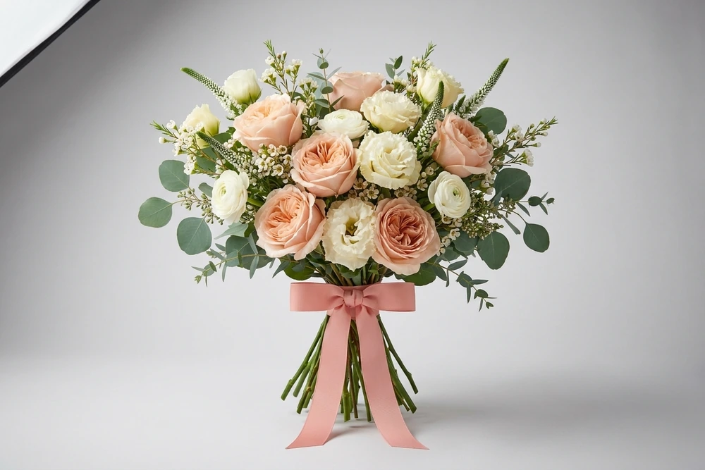 Buquê Romântico de Noiva com Rosas Chá, Lisianthus e Eucalipto