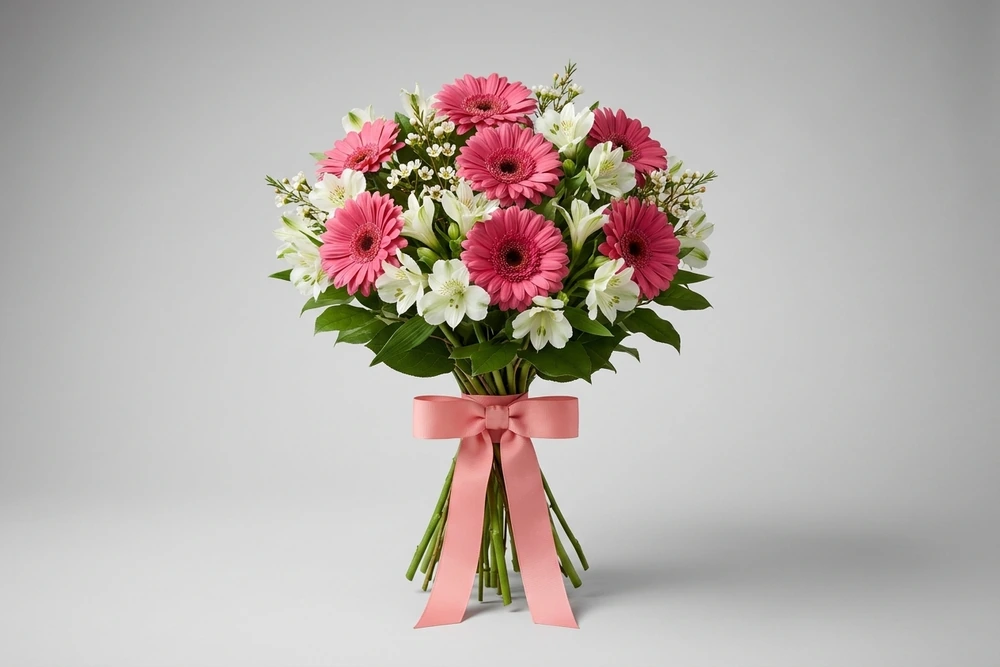 Primavera Encantada: Buquê de Gerbera Rosa com Astromélias