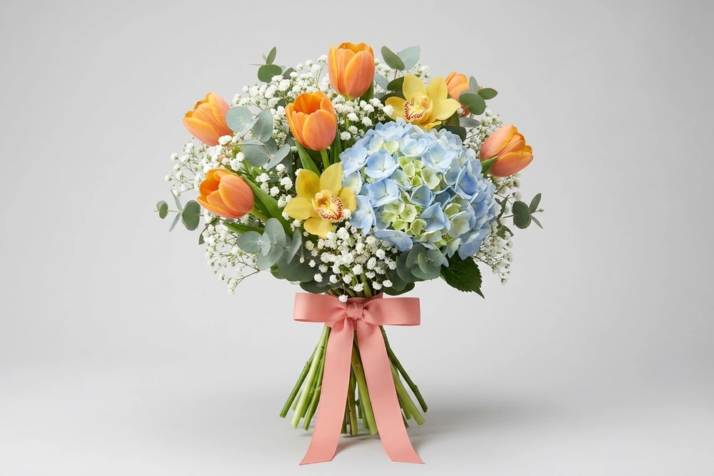Buquê de Noiva Elegante com Tulipas, Orquídeas e Hortênsias - Um Toque de Sofisticação