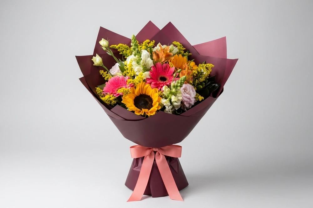 Buquê vibrante de girassóis e flores mistas