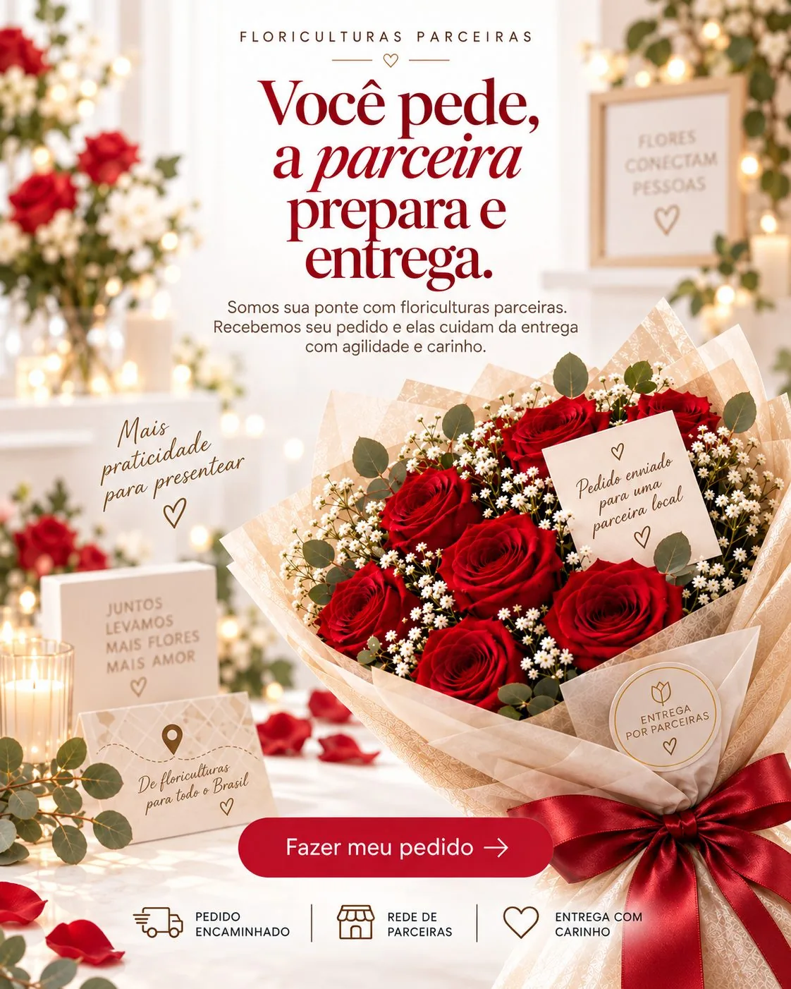 Você pede, a floricultura parceira prepara e entrega